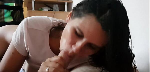  Sexy brunette sucks big cock deep and licks balls to cum hard in mouth